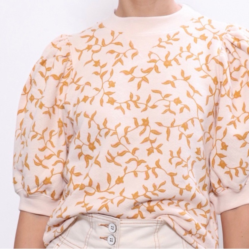 Ulla Johnson Floral Puff Sleeve Sweatshirt - Cream and Gold